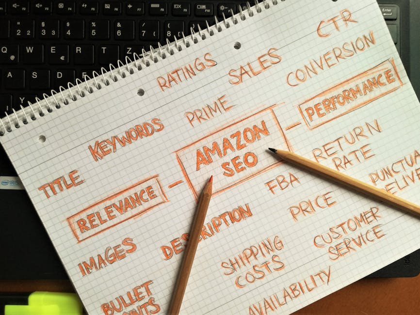 A close-up view of a squared notepad placed on a black keyboard, featuring handwritten notes in orange ink related to SEO and gardening themes. The notes include keywords such as 'relevance,' 'Amazon